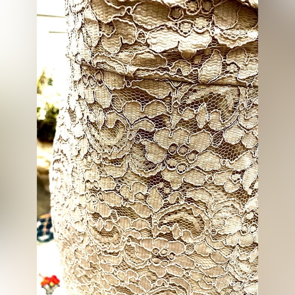 NWT David’s bridal strapless knee length dress w/lace overlay SZ 6. Lt taupe. - Picture 3 of 13